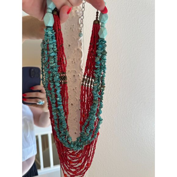 Chico’s Bundle of 2 Boho Turquiose Red Beaded Statement Necklaces - Picture 1 of 6